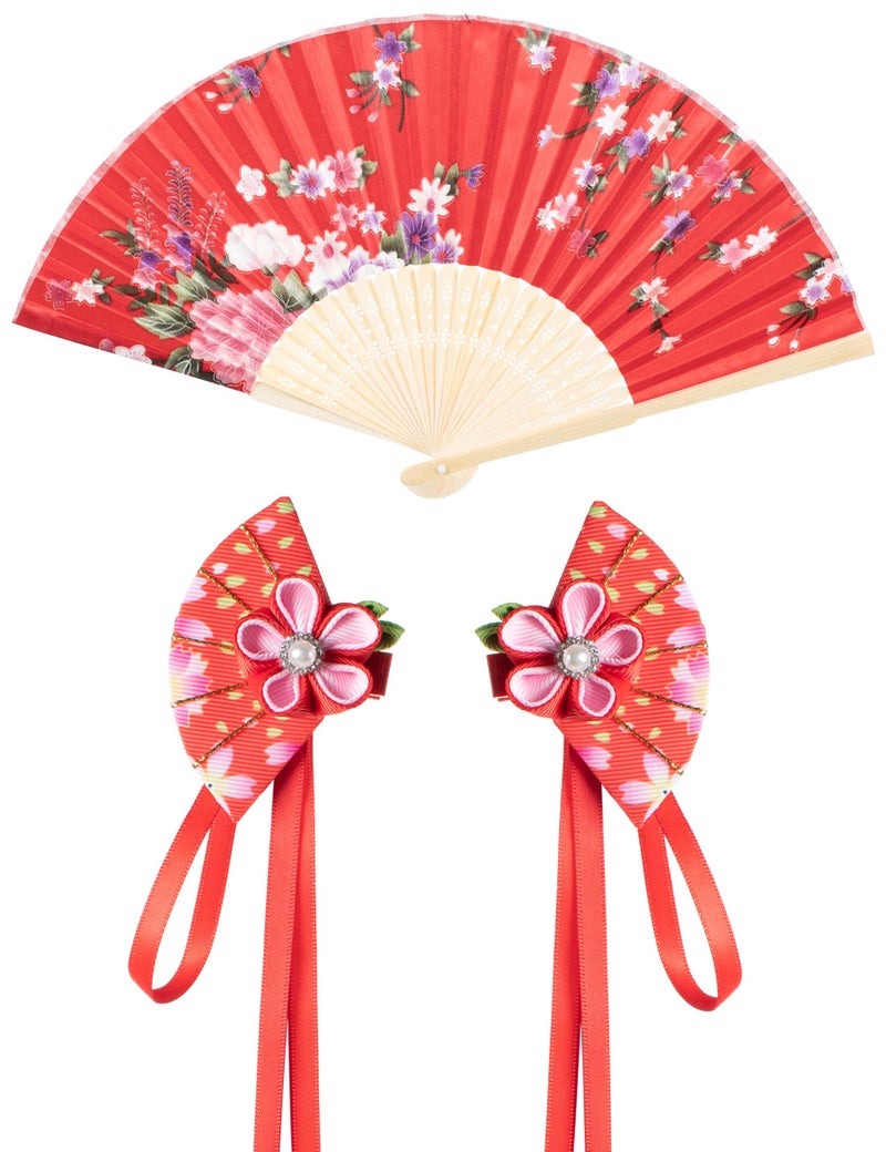 Elibelle Asian Traditional Dress Kimono Robe for Kids Girls Costume Silk Folding Fans hairstick Cosplay(White Red 110cm - Image 5